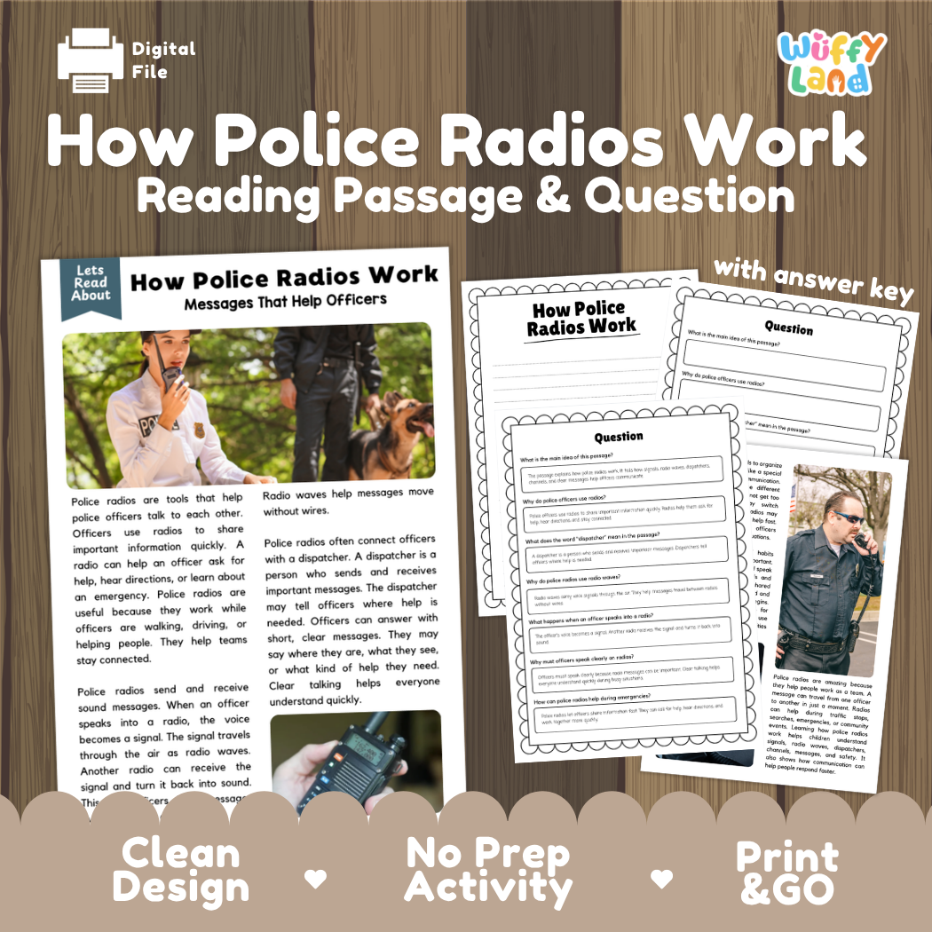 How Police Radios Work reading comprehension passage and questions printable activity pack with answer key for elementary students