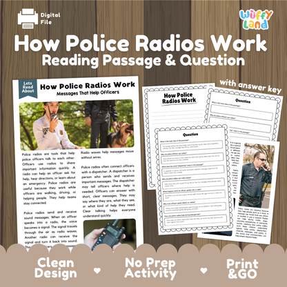 How Police Radios Work reading comprehension passage and questions printable activity pack with answer key for elementary students