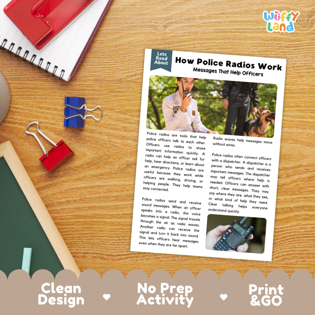 Student reading comprehension worksheet with short-answer questions and lined sections about how police radios work