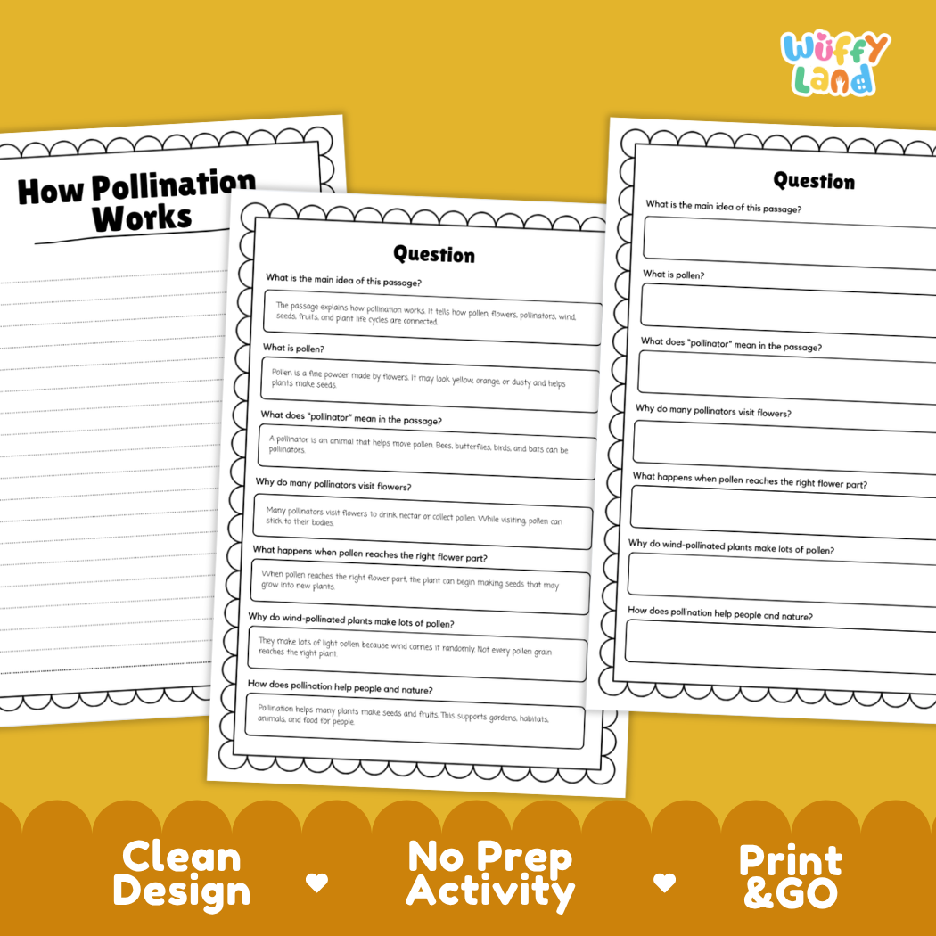 Educational reading passage explaining pollen, flower parts, animal pollinators, and plant reproduction
