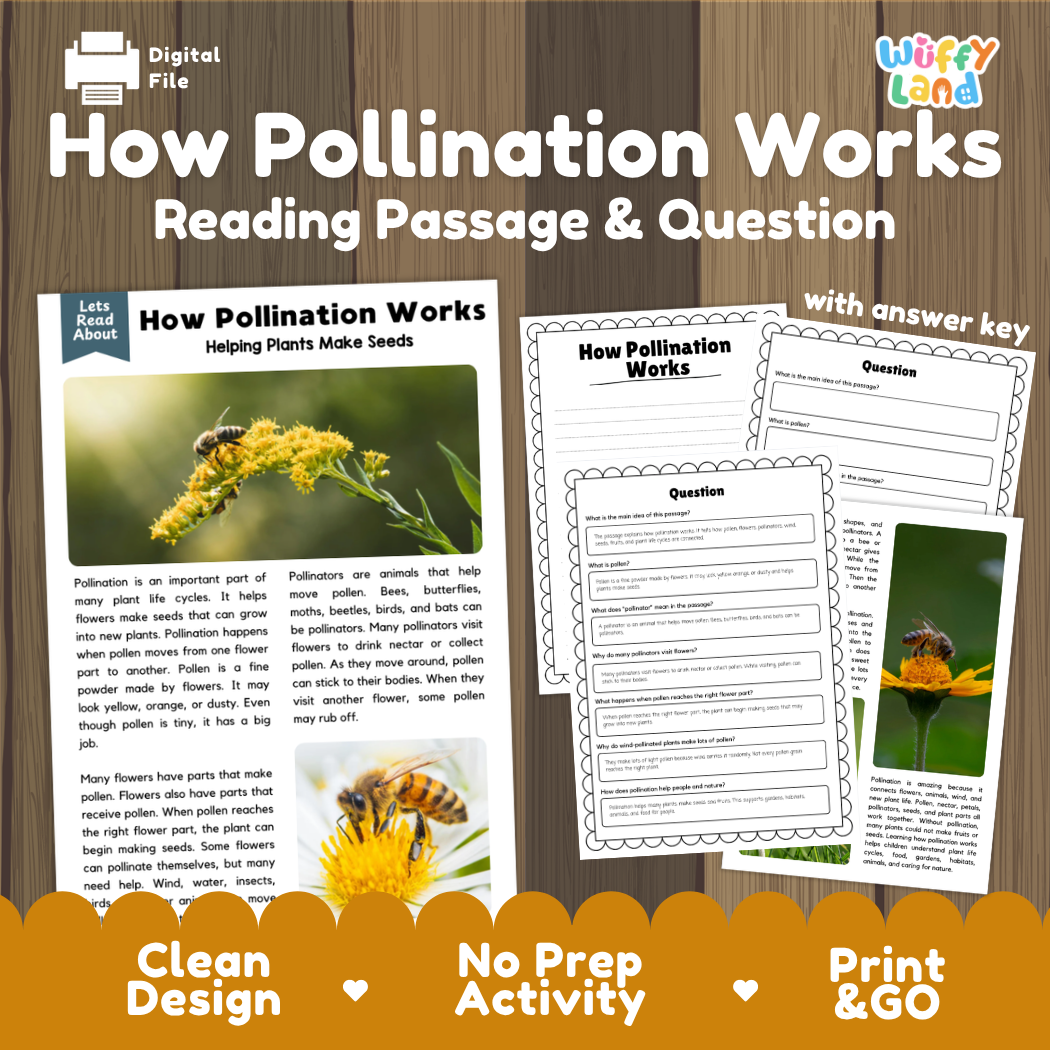 How Pollination Works reading comprehension passage and questions activity pack with full answer key for students