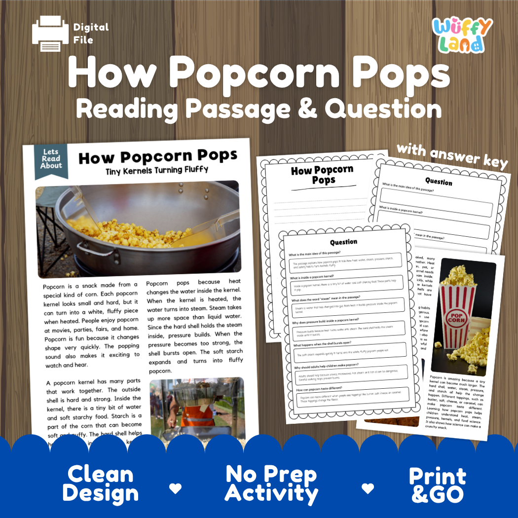 How Popcorn Pops reading comprehension passage and questions printable activity pack with answer key for elementary students