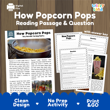 How Popcorn Pops reading comprehension passage and questions printable activity pack with answer key for elementary students
