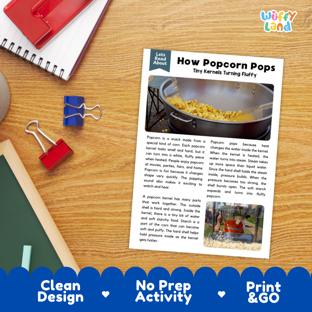 Student reading comprehension worksheet with short-answer questions and lined sections about how popcorn pops