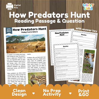How Predators Hunt reading comprehension passage and questions activity pack with full answer key for students