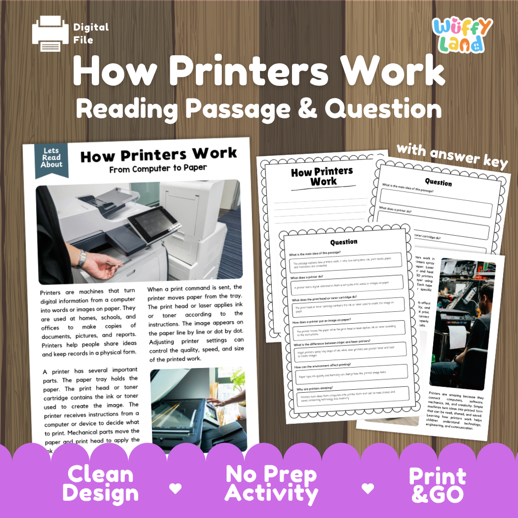How Printers Work reading comprehension passage and questions activity pack with full answer key for students