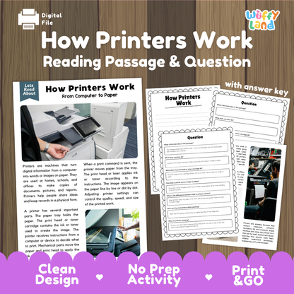 How Printers Work reading comprehension passage and questions activity pack with full answer key for students