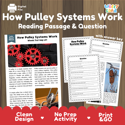 How pulley systems work reading comprehension passage and questions printable activity pack with answer key for elementary students