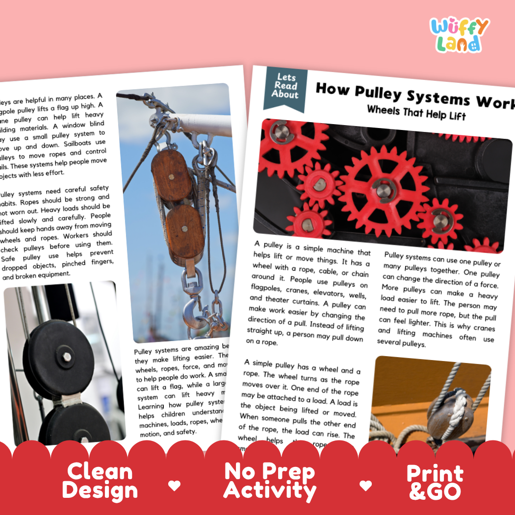 Teacher answer key page showing complete question solutions for How Pulley Systems Work physical science reading comprehension practice