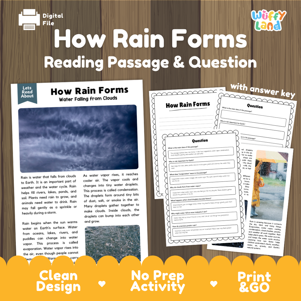 How Rain Forms reading comprehension passage and questions activity pack with full answer key for students