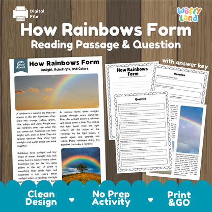 How rainbows form reading comprehension passage and questions printable activity pack with answer key for elementary students
