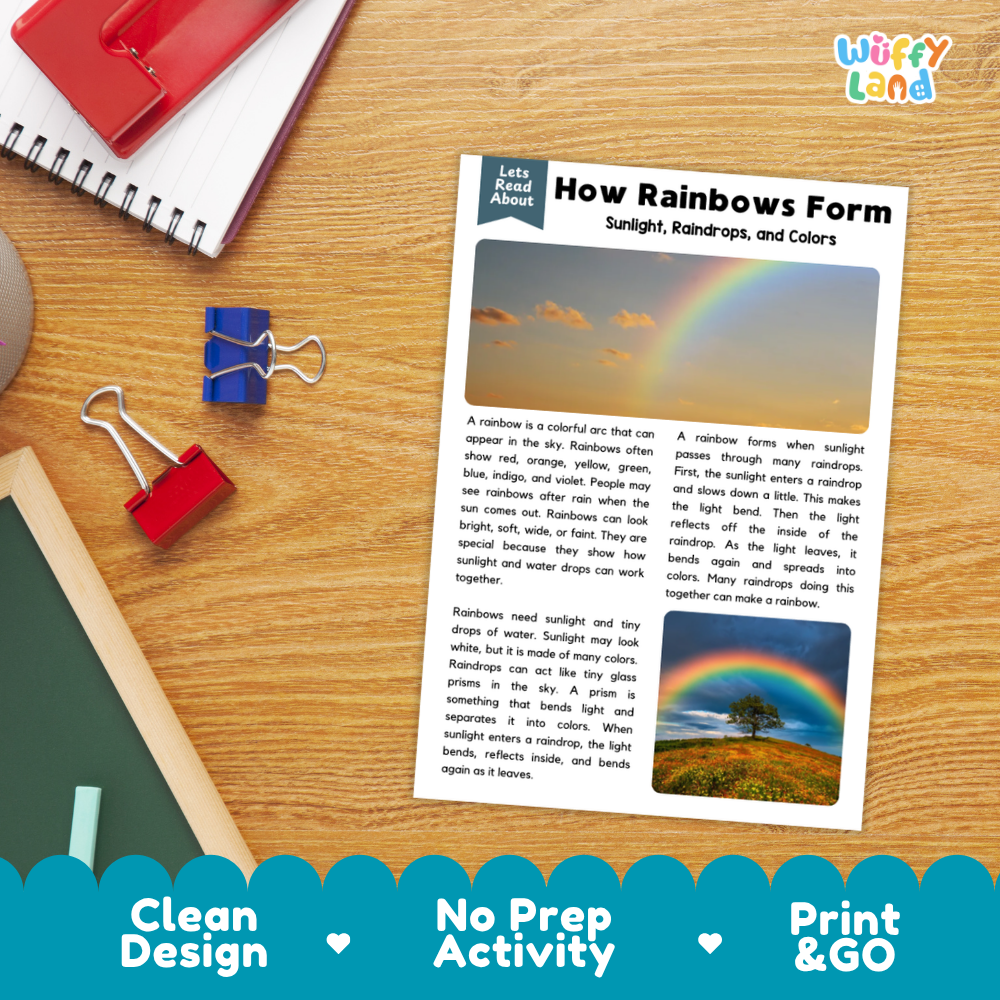 Student reading comprehension worksheet with short-answer questions and lined sections about how rainbows form
