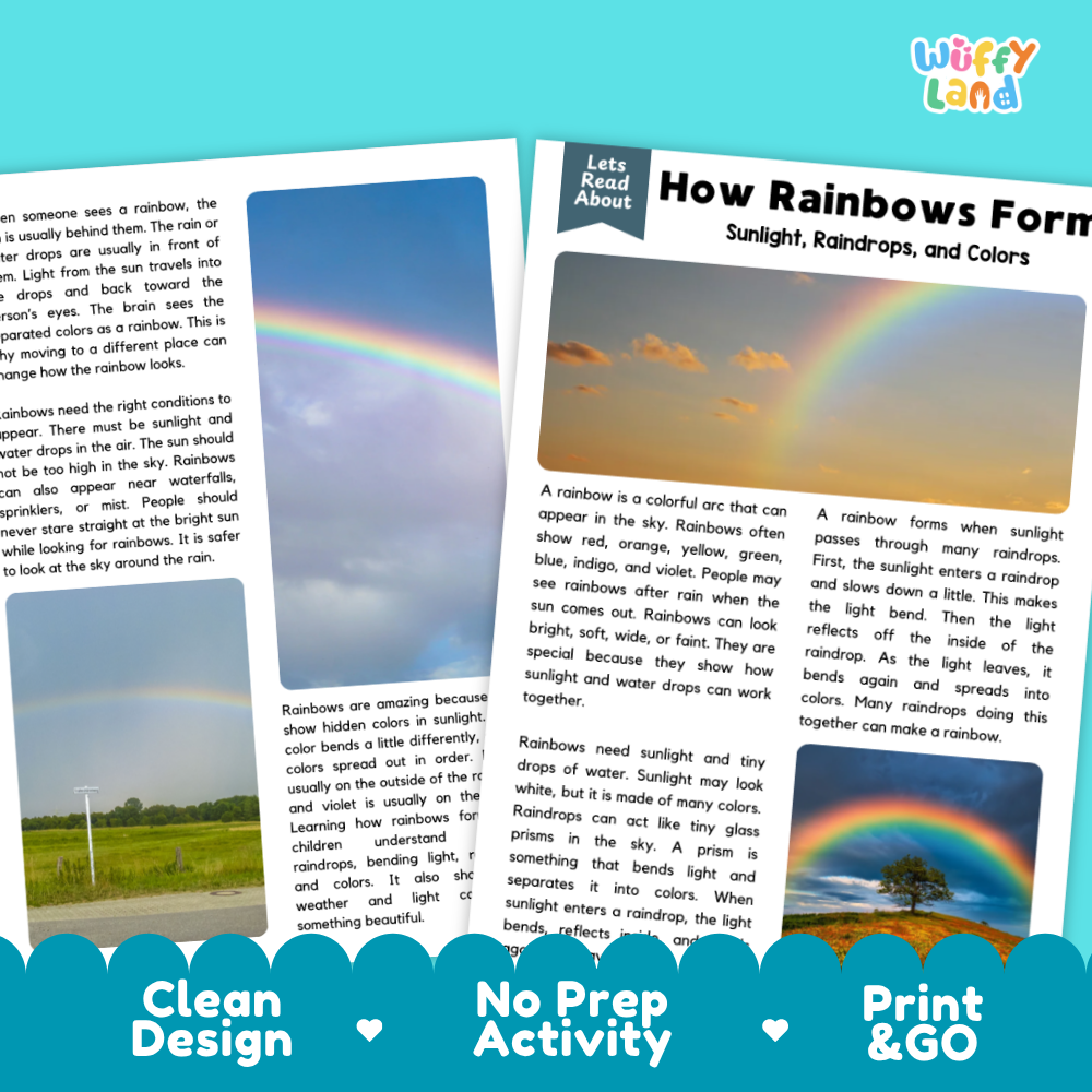 Teacher answer key page showing complete question solutions for how rainbows form reading comprehension practice