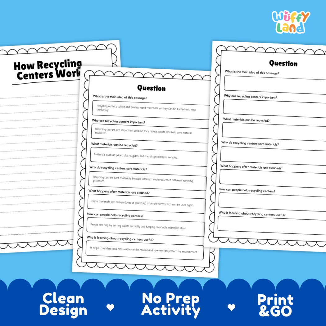 Educational reading passage explaining sorting, cleaning, processing, and how recycling centers work