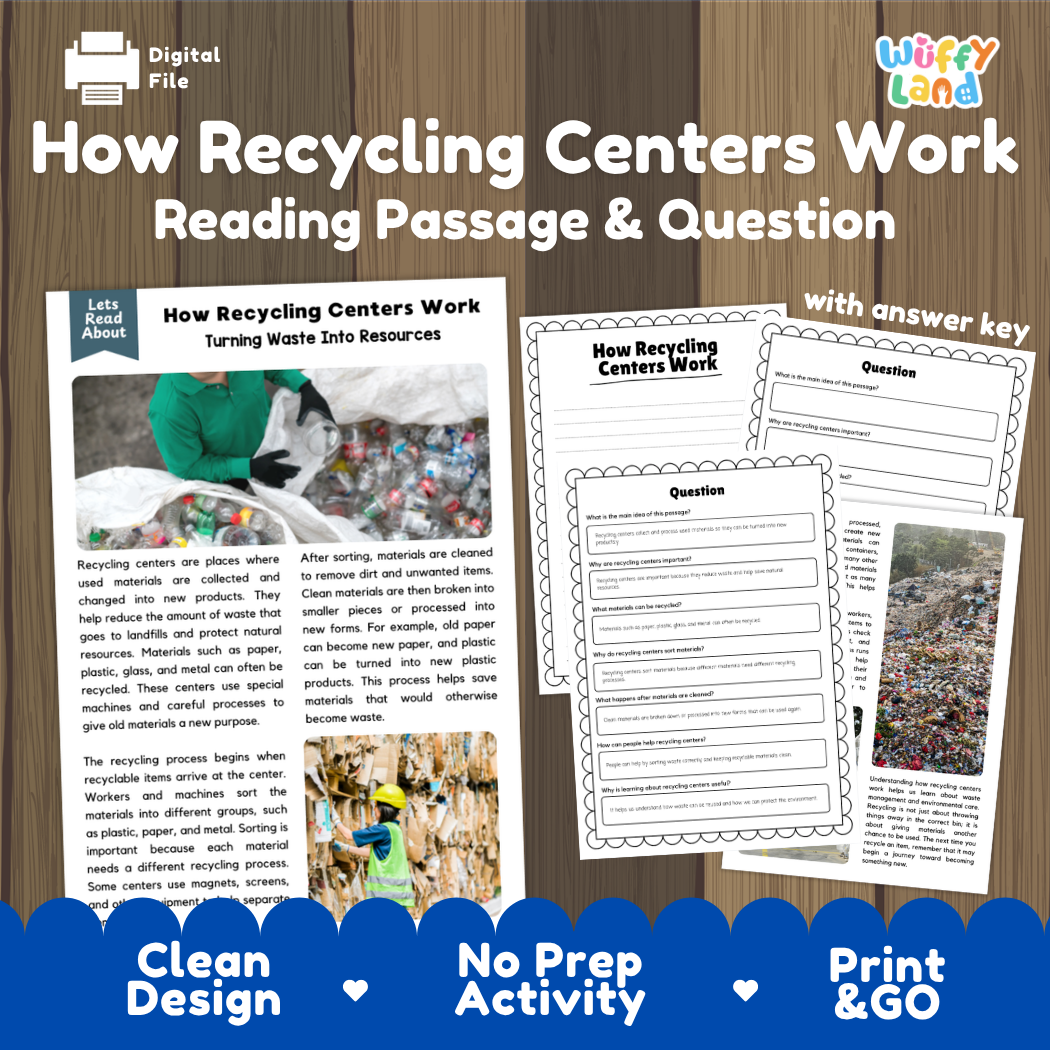 How Recycling Centers Work reading comprehension passage and questions activity pack with full answer key for students