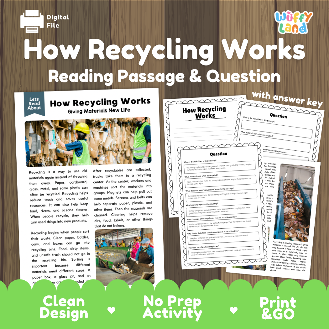 How Recycling Works reading comprehension passage and questions printable activity pack with answer key for elementary students