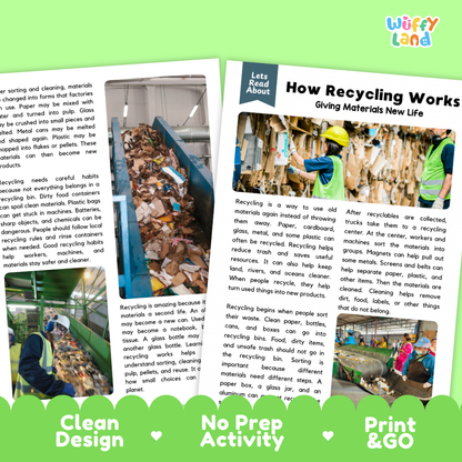 Teacher answer key page showing complete question solutions for recycling environmental science reading comprehension practice