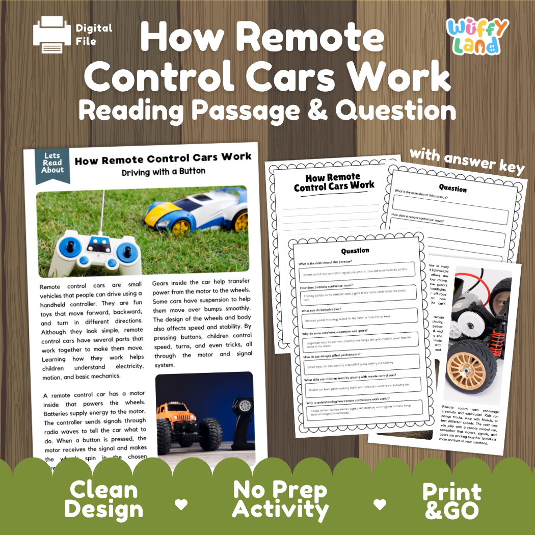 How Remote Control Cars Work reading comprehension passage and questions activity pack with full answer key for students