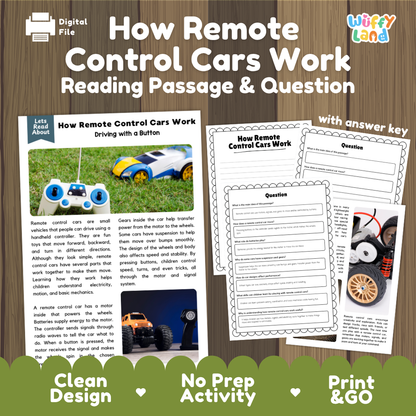 How Remote Control Cars Work reading comprehension passage and questions activity pack with full answer key for students