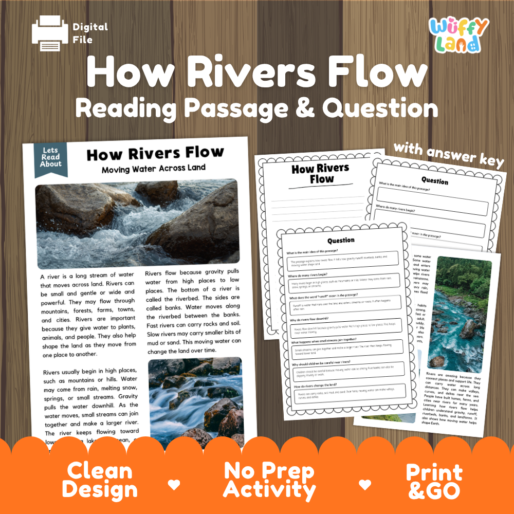 How rivers flow reading comprehension passage and questions printable activity pack with answer key for elementary students