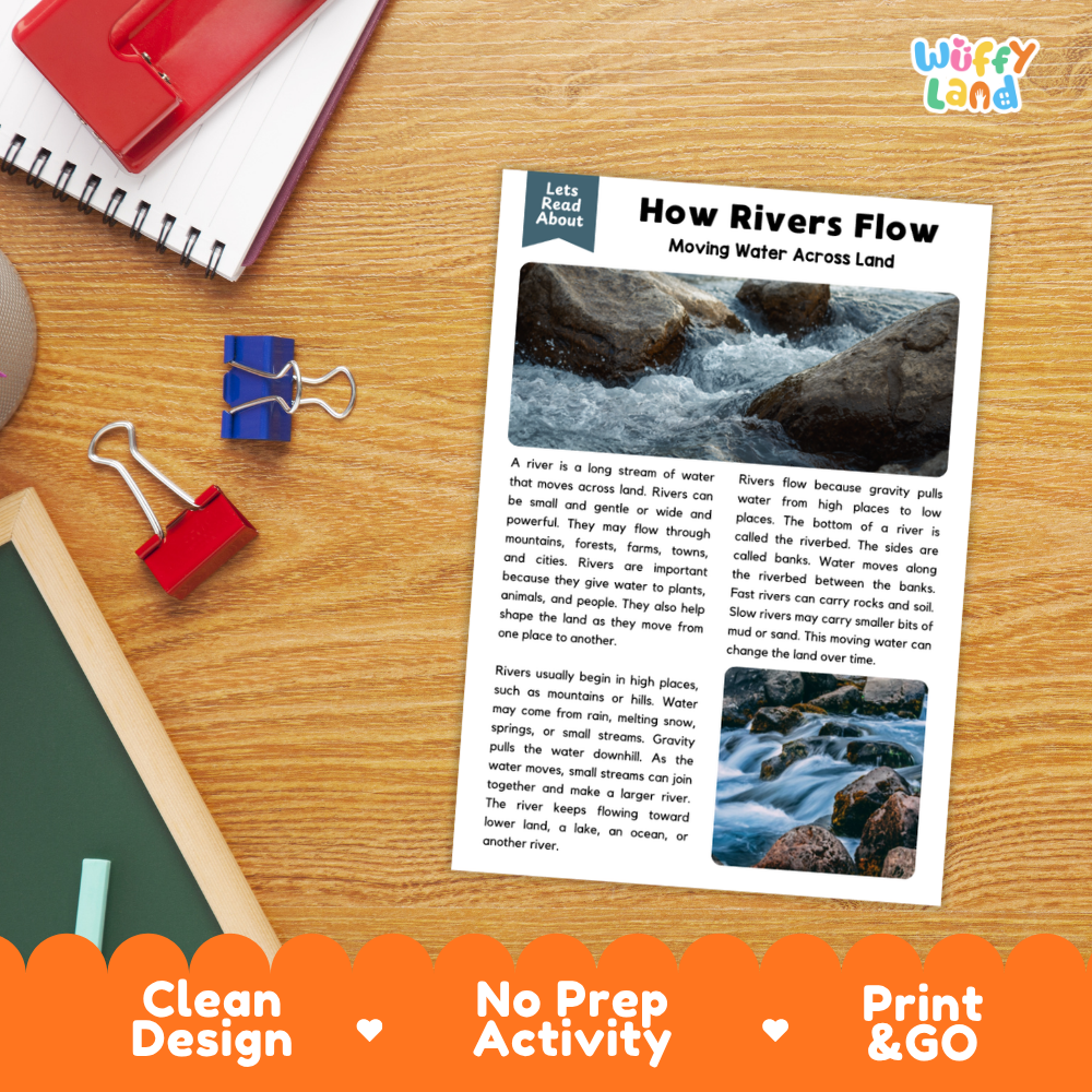 Student reading comprehension worksheet with short-answer questions and lined sections about how rivers flow