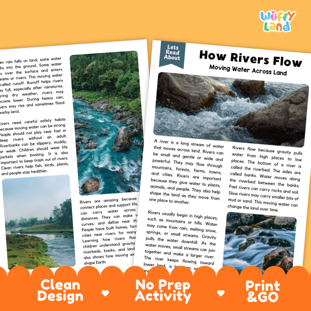 Teacher answer key page showing complete question solutions for how rivers flow reading comprehension practice