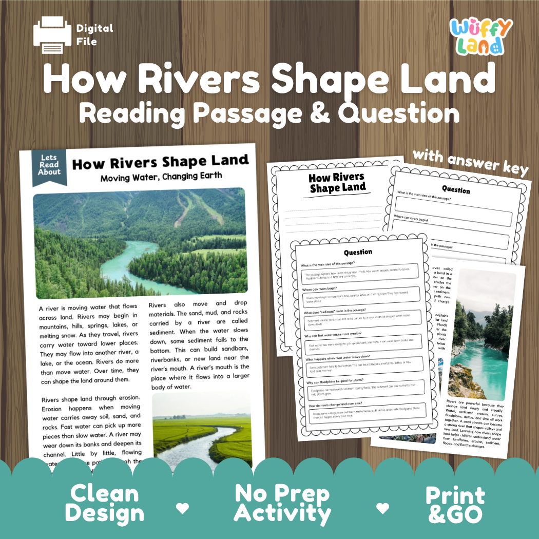 How Rivers Shape Land reading comprehension passage and questions activity pack with full answer key for students