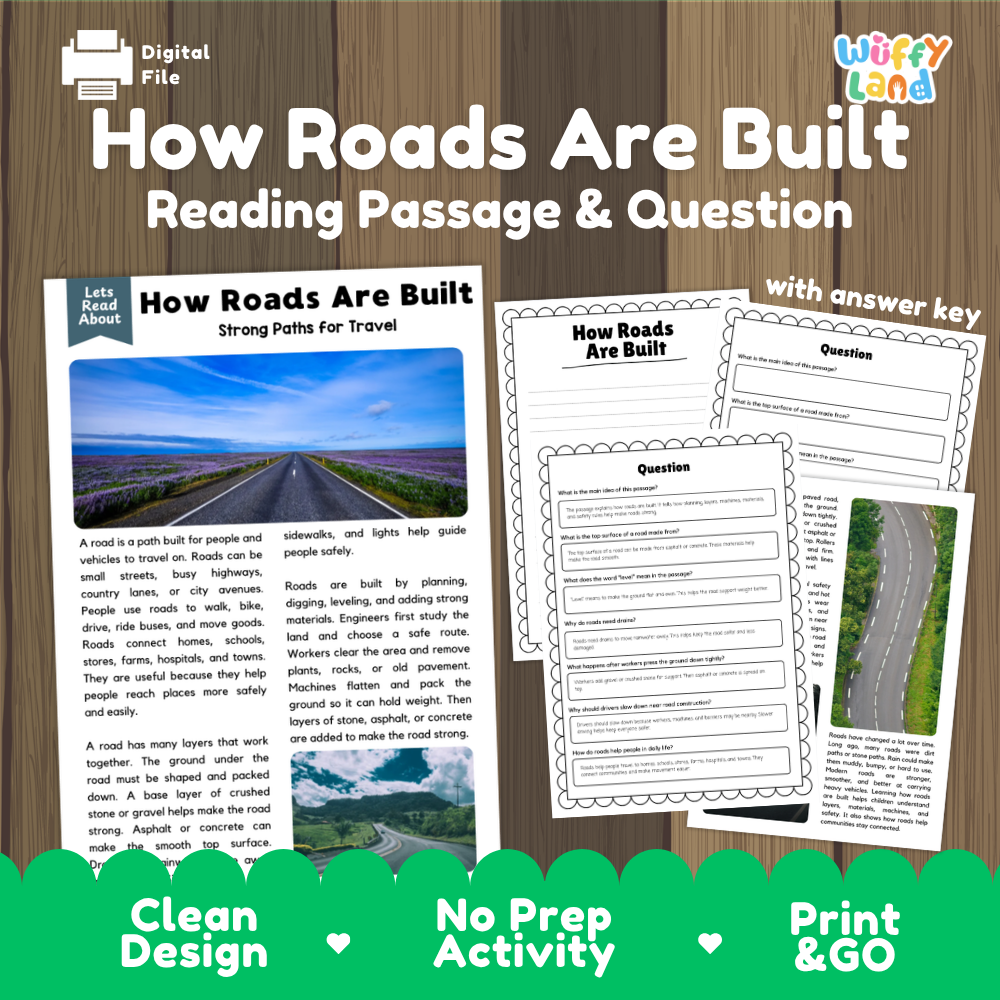 How roads are built reading comprehension passage and questions printable activity pack with answer key for elementary students