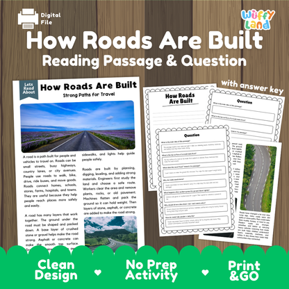 How roads are built reading comprehension passage and questions printable activity pack with answer key for elementary students