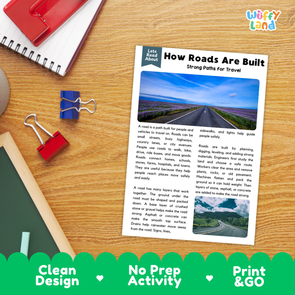 Student reading comprehension worksheet with short-answer questions and lined sections about road construction