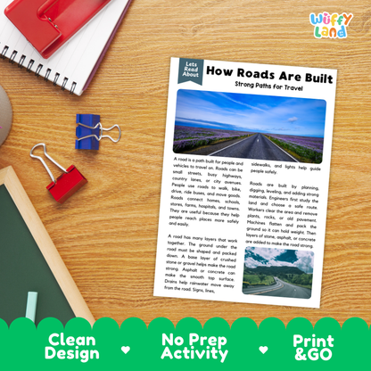 Student reading comprehension worksheet with short-answer questions and lined sections about road construction