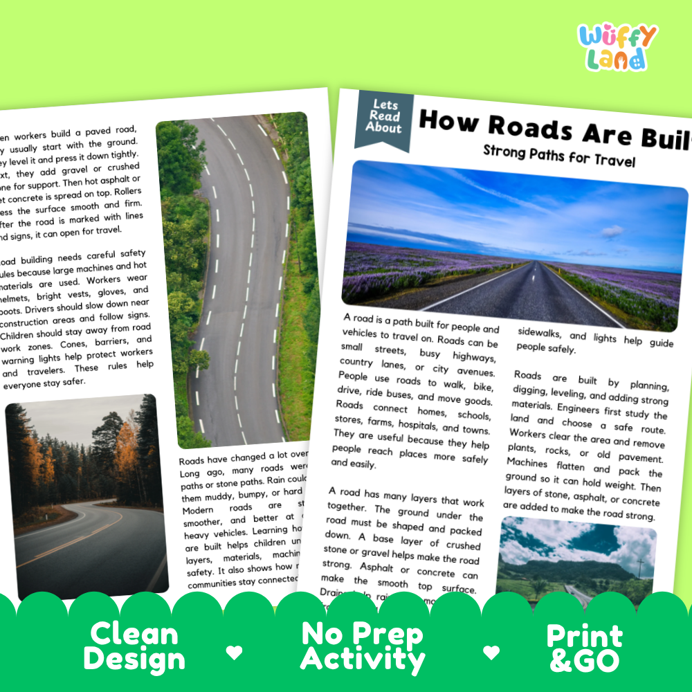Teacher answer key page showing complete question solutions for how roads are built reading comprehension practice