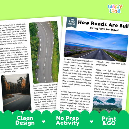 Teacher answer key page showing complete question solutions for how roads are built reading comprehension practice