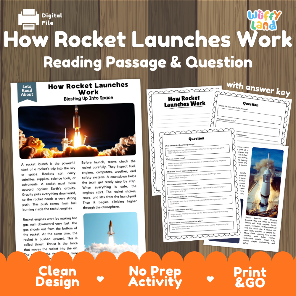 How rocket launches work reading comprehension passage and questions printable activity pack with answer key for elementary students