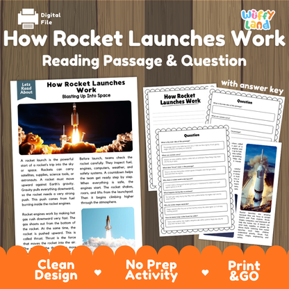 How rocket launches work reading comprehension passage and questions printable activity pack with answer key for elementary students