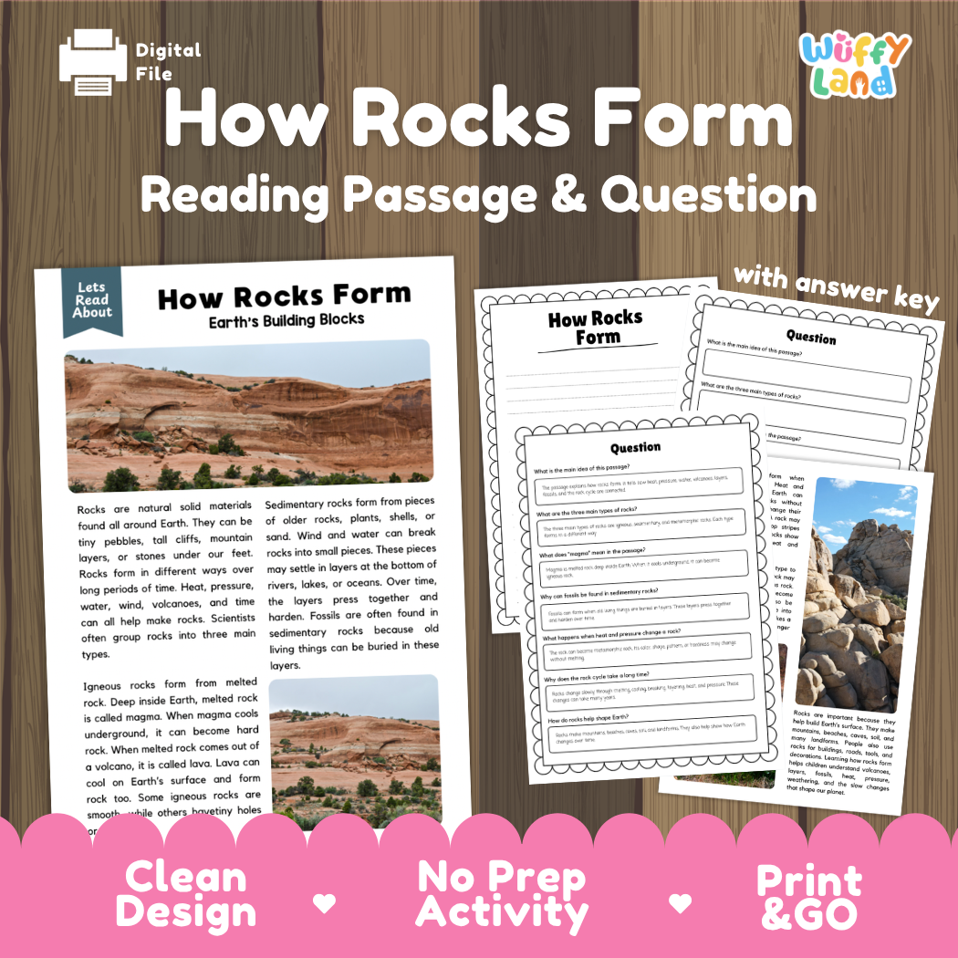 How Rocks Form reading comprehension passage and questions activity pack with full answer key for students