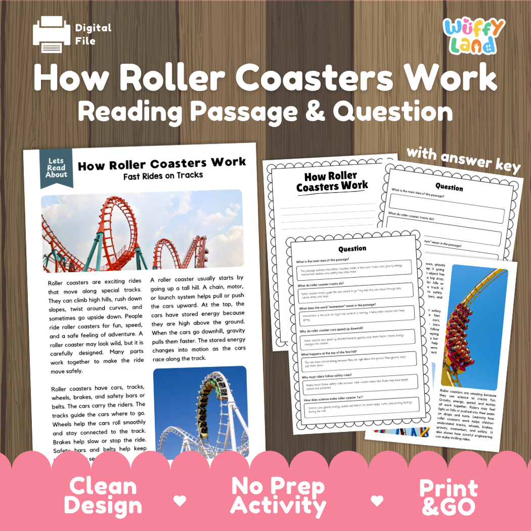 How Roller Coasters Work reading comprehension passage and questions printable activity pack with answer key for elementary students