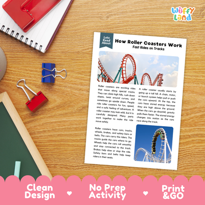 Student reading comprehension worksheet with short-answer questions and lined sections about how roller coasters work