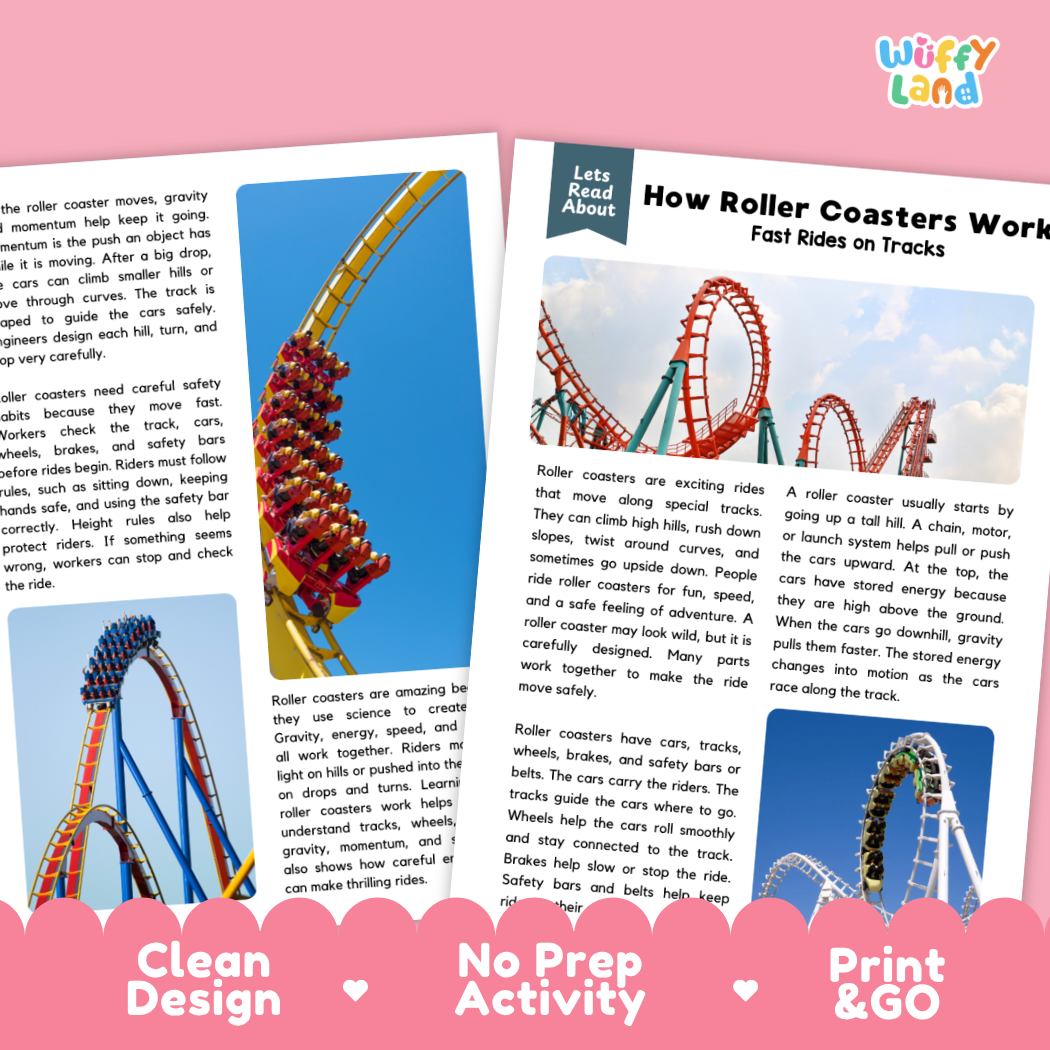 Teacher answer key page showing complete question solutions for roller coaster physics and motion reading comprehension practice