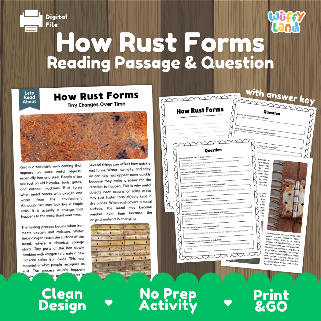How Rust Forms reading comprehension passage and questions activity pack with full answer key for students
