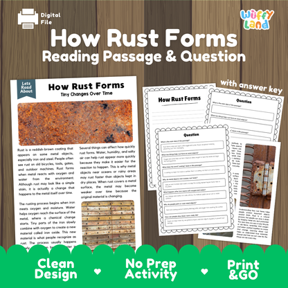 How Rust Forms reading comprehension passage and questions activity pack with full answer key for students