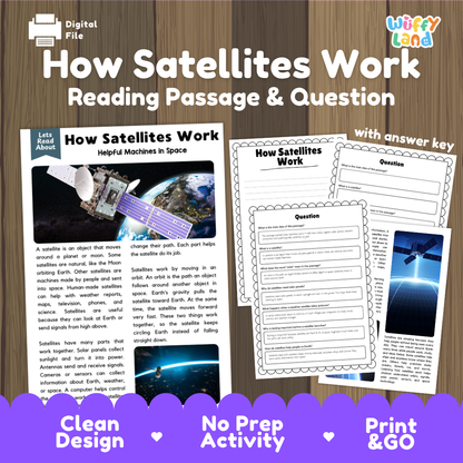 How Satellites Work reading comprehension passage and questions printable activity pack with answer key for elementary students