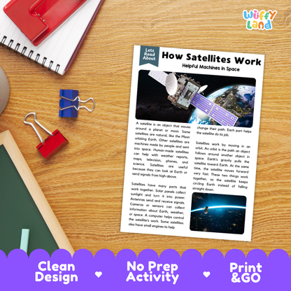 Student reading comprehension worksheet with short-answer questions and lined sections about satellite engineering and space science