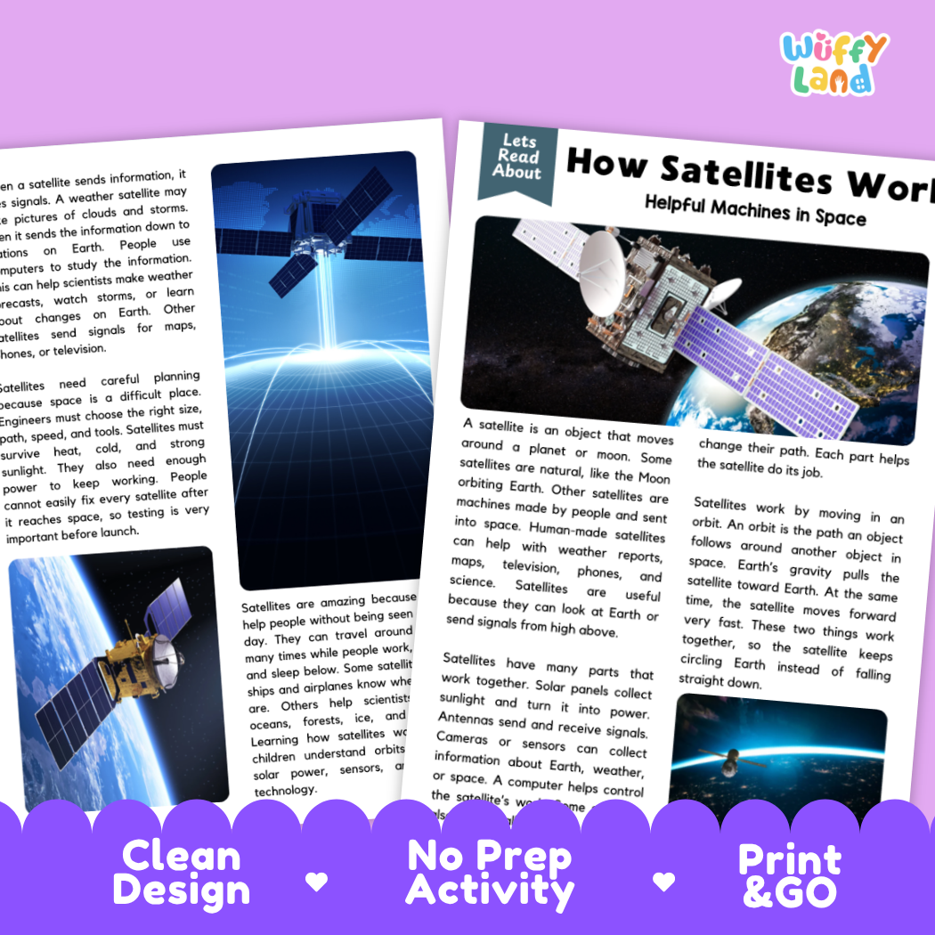 Teacher answer key page showing complete question solutions for satellites reading comprehension practice