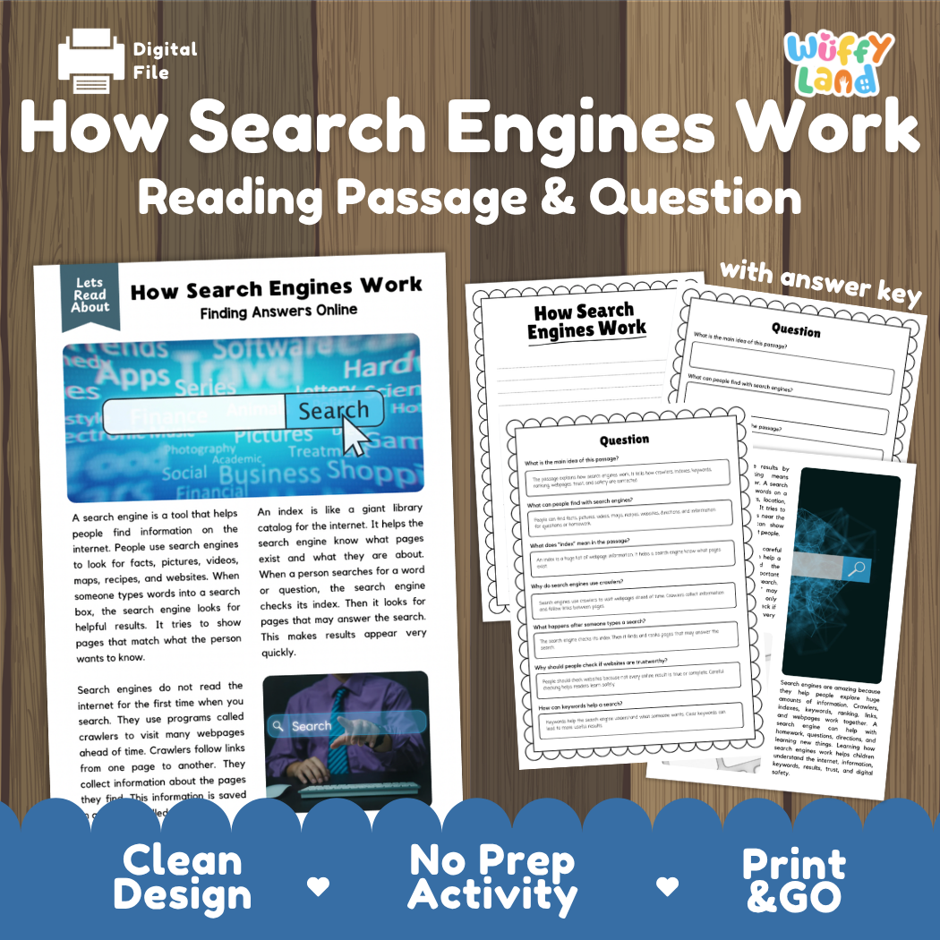 How Search Engines Work reading comprehension passage and questions activity pack with full answer key for students