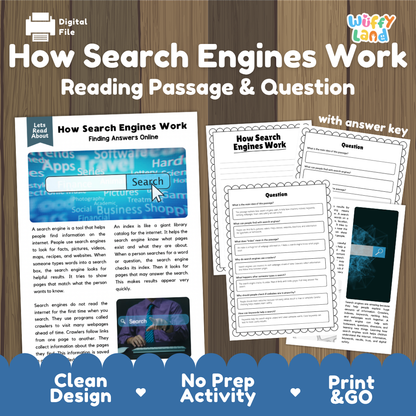 How Search Engines Work reading comprehension passage and questions activity pack with full answer key for students