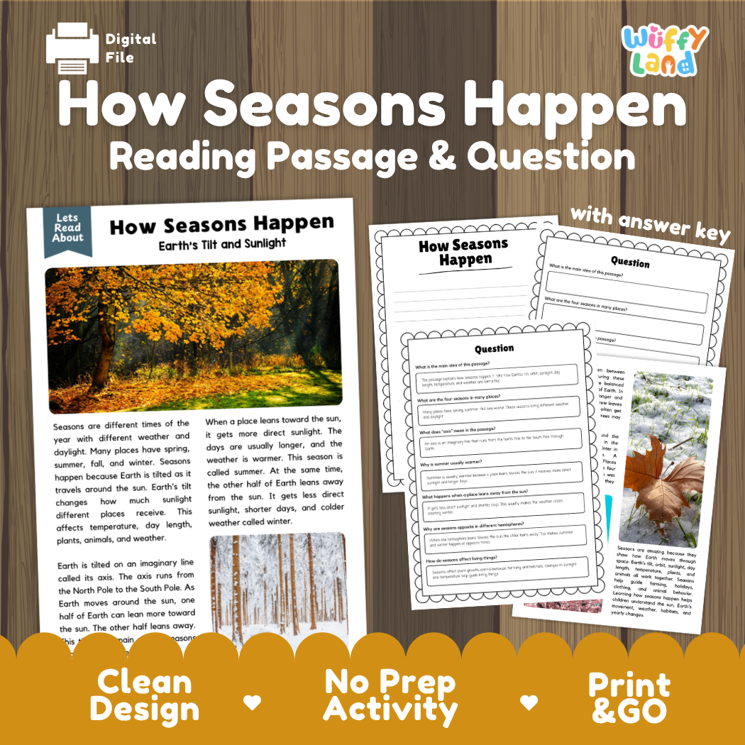 How Seasons Happen reading comprehension passage and questions activity pack with full answer key for students