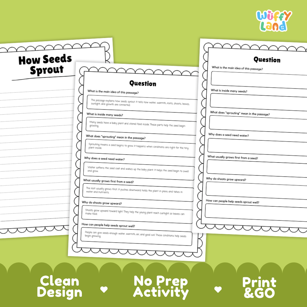 Educational reading passage explaining seed germination, root growth, and how tiny plants begin to grow