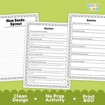 Educational reading passage explaining seed germination, root growth, and how tiny plants begin to grow