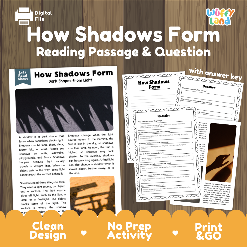 How shadows form reading comprehension passage and questions printable activity pack with answer key for elementary students